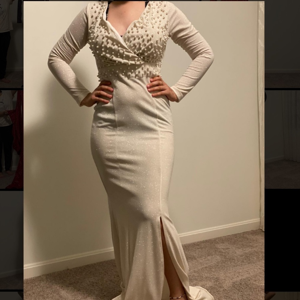 long sleeve sparkly white dress with split